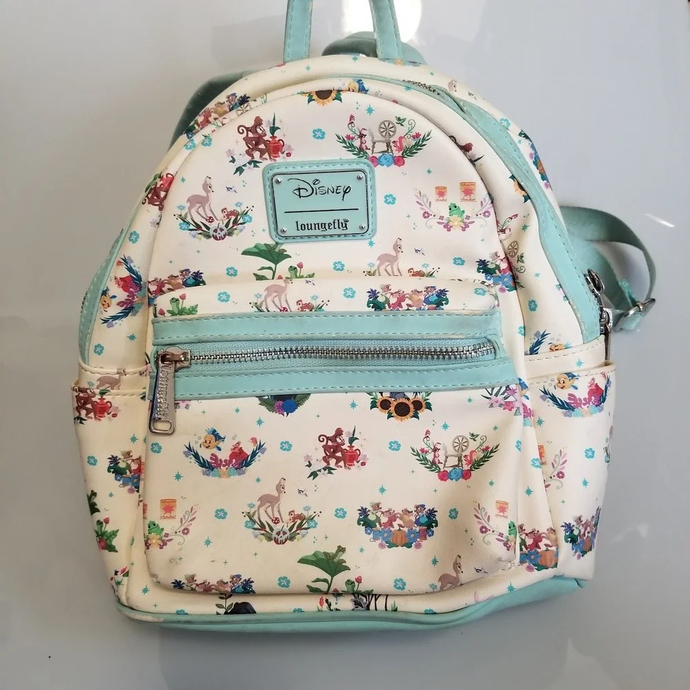 Loungefly Mini Backpack Womens Cream Mint Green Disney Sidekicks Floral Animals